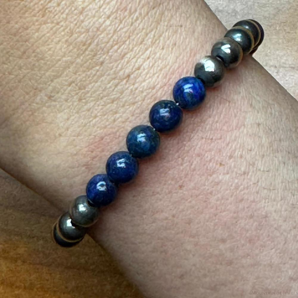 Native American Sterling 5 mm Navajo Pearl & Lapis Bead Link Bracelet For Women